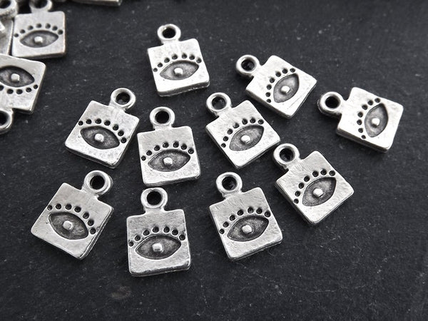 Silver Mini Square Evil Eye Pendant Charms, Protective Amulet, Matte Antique Silver Plated, 10pcs