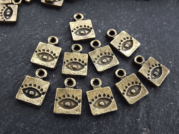 Bronze Mini Square Evil Eye Pendant Charms, Protective Amulet, Antique Bronze Plated, 10pcs