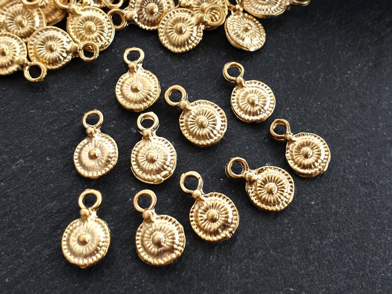 Rustic Tribal Dot Disc Coin Charms, Round Drop Pendant, 22k Matte Gold Plated, 10pc
