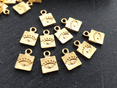 Gold Mini Square Evil Eye Pendant Charms, Luck Protective Amulet, 22k Matte Gold Plated, 10pcs