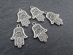 Silver Hamsa Pendant Charm, Evil Eye Hand of Fatima Good Luck Protective Charm, Matte Antique Silver Plated Brass, 5pc