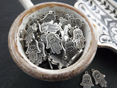 Silver Hamsa Pendant Charm, Evil Eye Hand of Fatima Good Luck Protective Charm, Matte Antique Silver Plated Brass, 5pc
