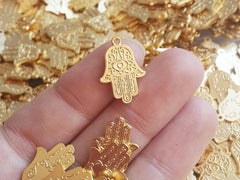 Gold Hamsa Pendant Charm, Evil Eye Hand of Fatima Good Luck Protective Charm, 22k Matte Gold Plated Brass, 5pc
