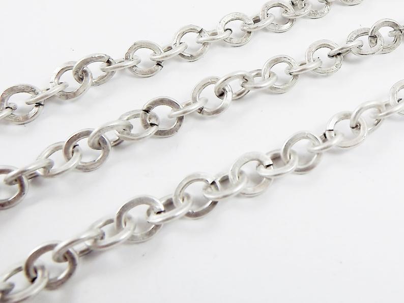 Silver Chain, Round Link Chain, 6mm Chain, Flat Link Chain, Tarnish Resistant Chain, Matte Antique Silver Plated Chain, 1 Meter or 3.3 Feet