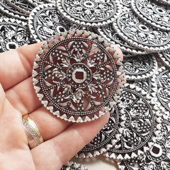 Large Silver Mandala Pendant, Rustic Round Medallion Pendant, Matte Antique Silver Plated, 1PC