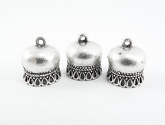 3 Tassel Caps -  Matte Silver Plated Beadcaps - Turkish Jewelry Supplies
