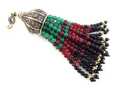 Large Long Black Red Green Jade Stone Beaded Tassel with Crystal Accents - Antique Bronze - 1PC