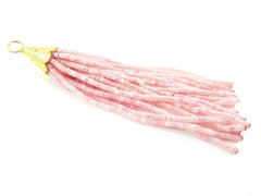 Sugar Pink Afghan Tibetan Heishi Tube Beaded Tassel - Handmade - Textured 22k Matte Gold Plated Cap - 92mm = 3.62inches  -1PC