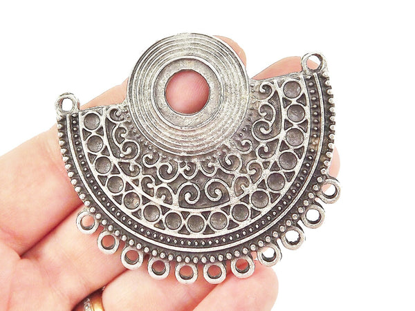 Ethnic Semi Circle Focal Collar Pendant Necklace Connector with Loops - Matte Antique Silver Plated - 1PC