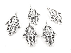 5 Filigree Mini Hand of Fatima Hamsa Charms - Type 2 Side Facing Loop - Matte Antique Silver Plated