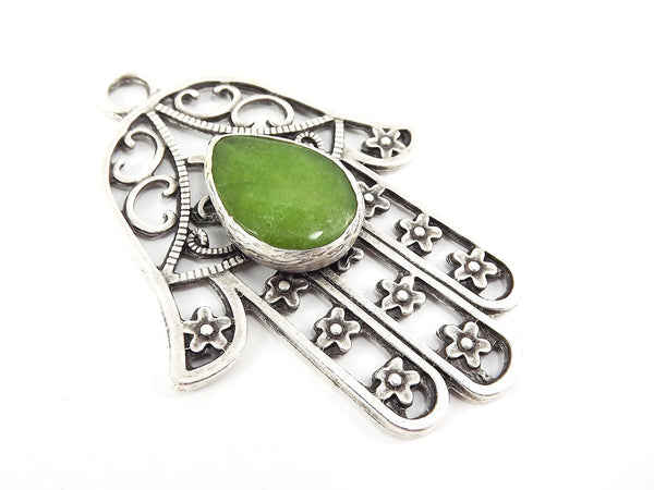 Extra Large Hamsa Hand of Fatima Pendant Lime Green Teardrop Jade - Matte Anitque Silver Plated - 1PC