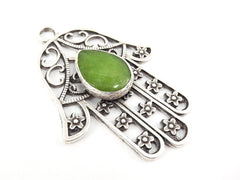 Extra Large Hamsa Hand of Fatima Pendant Lime Green Teardrop Jade - Matte Anitque Silver Plated - 1PC