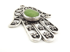 Extra Large Hamsa Hand of Fatima Pendant Lime Green Teardrop Jade - Matte Anitque Silver Plated - 1PC