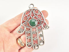 Extra Large Hamsa Hand of Fatima Pendant Round Deep Green Jade - Matte Anitque Silver Plated - 1PC