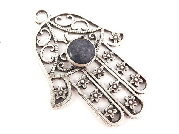 Extra Large Hamsa Hand of Fatima Pendant Round Slate Gray Jade - Matte Anitque Silver Plated - 1PC