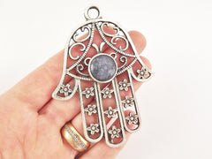 Extra Large Hamsa Hand of Fatima Pendant Round Slate Gray Jade - Matte Anitque Silver Plated - 1PC