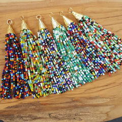 Glass Seed Bead Multicolor Mix Afghan Tibetan Heishi Tube Beaded Tassel - Handmade - 22k Matte Gold Plated Cap - 92mm = 3.62inches  -1PC