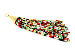 Multicolor Mix Afghan Tibetan Heishi Tube Beaded Tassel - Pale Green Red Blue Handmade - 22k Matte Gold Plated Cap - 92mm = 3.62inches  -1PC