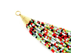 Multicolor Mix Afghan Tibetan Heishi Tube Beaded Tassel - Pale Green Red Blue Handmade - 22k Matte Gold Plated Cap - 92mm = 3.62inches  -1PC