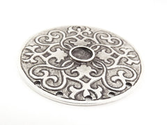 Large Round Mandala Pendant, Engraved Floral Pendant 5 holes Along Base, Silver Mandala, Silver Pendant, Gypsy - Matte Antique Silver Plated