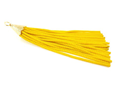 Cyber Yellow Afghan Tibetan Heishi Tube Beaded Tassel - Handmade - Textured 22k Matte Gold Plated Cap - 92mm = 3.62inches  -1PC