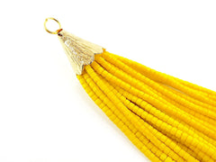 Cyber Yellow Afghan Tibetan Heishi Tube Beaded Tassel - Handmade - Textured 22k Matte Gold Plated Cap - 92mm = 3.62inches  -1PC