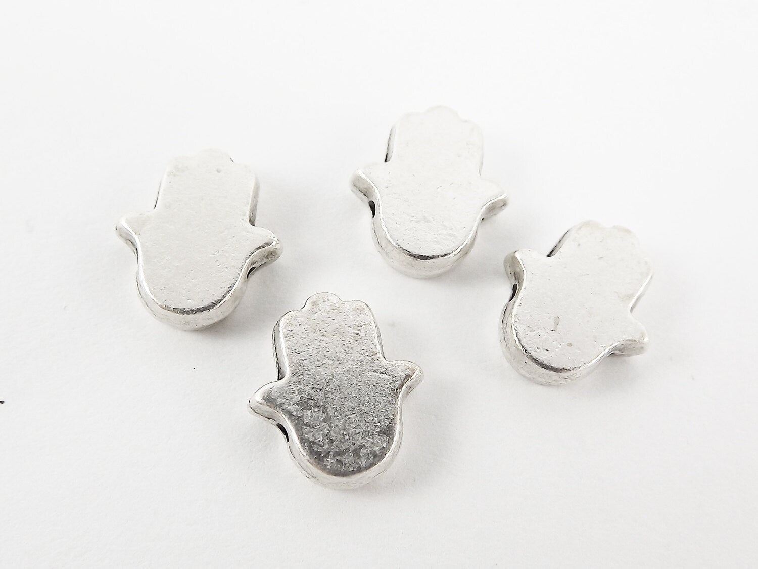 4 Smooth Hamsa Hand of Fatima Spacer Beads - Matte Silver Plated