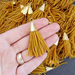 Short Golden Mustard Afghan Tibetan Heishi Tube Beaded Tassel - Handmade - Textured 22k Matte Gold Plated Cap - 55mm = 2.16inches