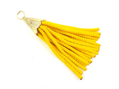 Short Cyber Yellow Afghan Tibetan Heishi Tube Beaded Tassel - Handmade - Textured 22k Matte Gold Plated Cap - 55mm = 2.16inches