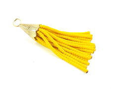 Short Cyber Yellow Afghan Tibetan Heishi Tube Beaded Tassel - Handmade - Textured 22k Matte Gold Plated Cap - 55mm = 2.16inches