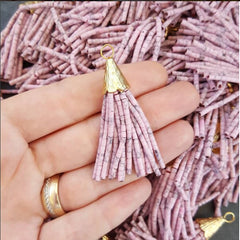 Short Pale Pink Matrix Afghan Tibetan Heishi Tube Beaded Tassel - Handmade - Textured 22k Matte Gold Plated Cap - 55mm = 2.16inches