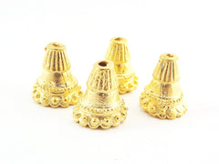 4 Rustic Studded Fluted Rim Cone Bead End Caps - 22k Matte Gold Plated Round Beadcaps