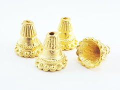 4 Rustic Studded Fluted Rim Cone Bead End Caps - 22k Matte Gold Plated Round Beadcaps