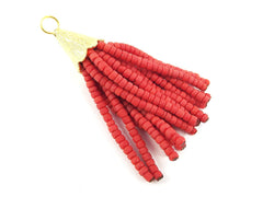 Short Coral Red Afghan Tibetan Heishi Tube Beaded Tassel - Handmade - Textured 22k Matte Gold Plated Cap - 55mm = 2.16inches