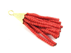 Short Coral Red Afghan Tibetan Heishi Tube Beaded Tassel - Handmade - Textured 22k Matte Gold Plated Cap - 55mm = 2.16inches