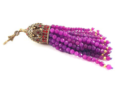 Large Long Violet Purple Facet Cut Jade Stone Beaded Tassel with Crystal Accents Hamsa Detail - Antique Bronze - 1PC