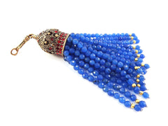Large Long Blue Facet Cut Jade Stone Beaded Tassel with Crystal Accents Hamsa Detail - Antique Bronze - 1PC