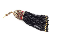 Large Long Black Onyx Round Cut Jade Stone Beaded Tassel with Crystal Accents Hamsa Detail - Antique Bronze - 1PC