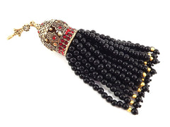 Large Long Black Onyx Round Cut Jade Stone Beaded Tassel with Crystal Accents Hamsa Detail - Antique Bronze - 1PC