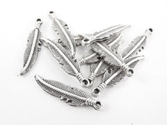 10 Tribal Feather Ethnic Mini Charms Matte Antique Sliver Plated - Bracelet Earring Charms Jewelry Making Supplies