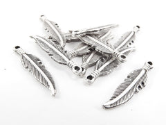 10 Tribal Feather Ethnic Mini Charms Matte Antique Sliver Plated - Bracelet Earring Charms Jewelry Making Supplies