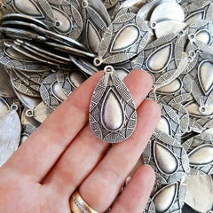 Aztec Pattern Ethnic Teadrop Earring Pendant Matte Antique Silver Plated Turkish Jewelry Making Supplies Findings Components