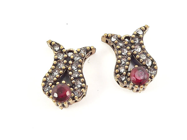 Red Clear Rhinestone Crystal Small Pendants - Antique Bronze - 2PC - No:72 - Turkish Jewelry