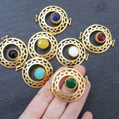 Lime Green Jade Stone Fretworked Circle Connector Pendant - 22k Matte Gold Plated - 1PC