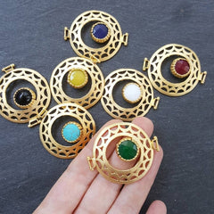 Turquoise Stone Fretworked Circle Connector Pendant - 22k Matte Gold Plated - 1PC