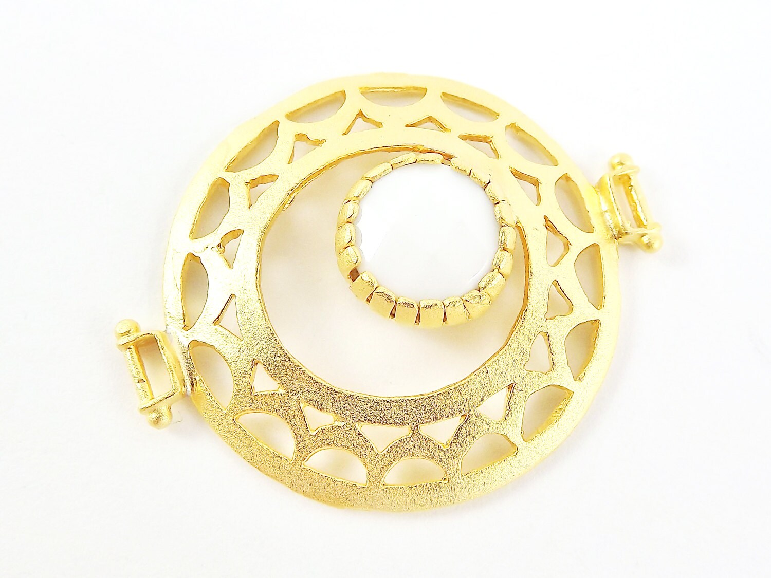 White Gemstone Connector, Opaque White Jade Stone Fretworked Circle Connector Pendant - 22k Matte Gold Plated - 1PC