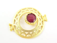 Garnet Red Jade Stone Fretworked Circle Connector Pendant - 22k Matte Gold Plated - 1PC