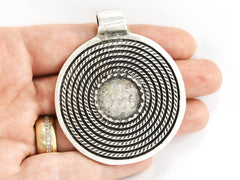 Large Round Rope Detail Ethnic Tribal Artisan Medallion Pendant - Matte Antique Silver Plated