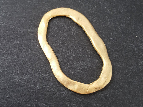 Large Organic Textured Flat Oval Ring Closed Loop Circle Pendant Connector  - 22k Matte Gold Plated - 1 PC