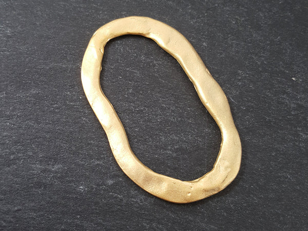 Large Organic Textured Flat Oval Ring Closed Loop Circle Pendant Connector - 22k Matte Gold Plated - 1 PC